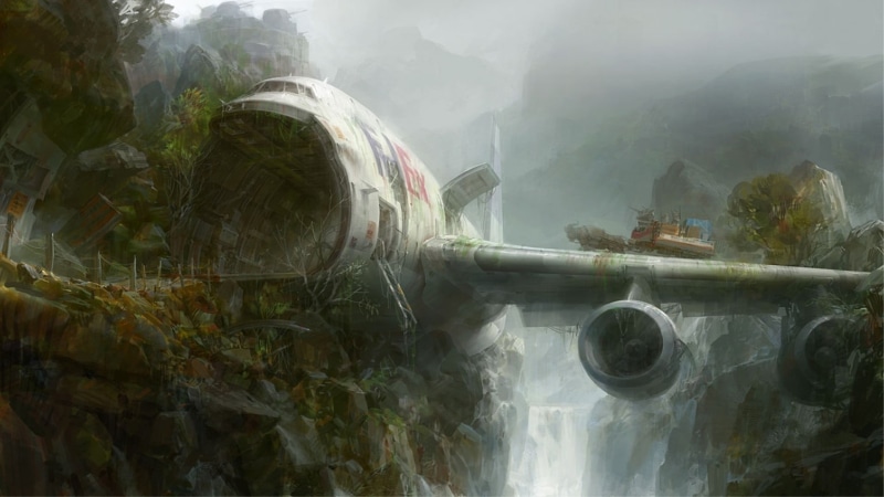 crash, airplane, environment, illustration, tranquility, no people, plant, artwork, non-urban scene, 1080P, wreck, flowing water, beauty in nature, fog