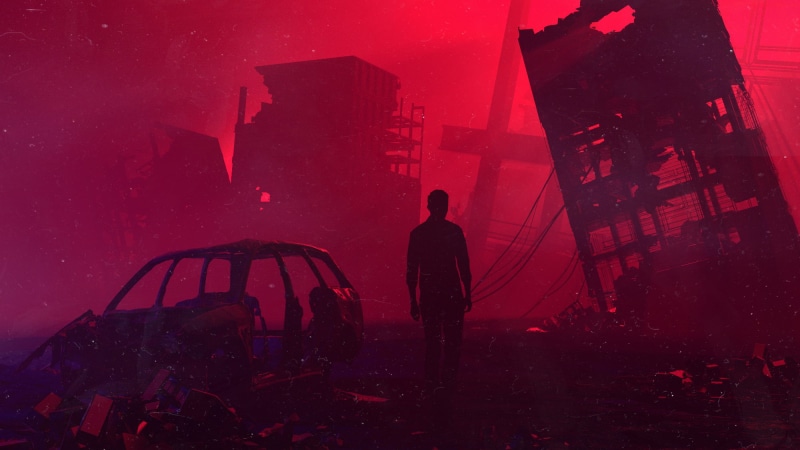 building, digital art, red, wreck, dystopian, futuristic, dark, artwork, apocalyptic, men, 1080P, ruin