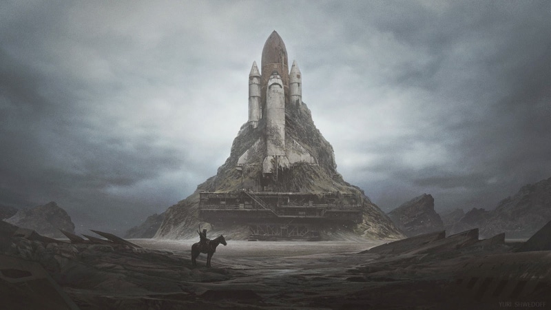 artwork, dystopian, launch pads, wasteland, 1080P, apocalyptic, space shuttle, horse
