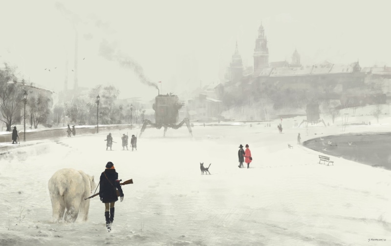 painting, cold, snow, Jakub Różalski, dystopian, beside, polar bears, 1080P, winter, walking, bear, white, rifle, steampunk, person, digital