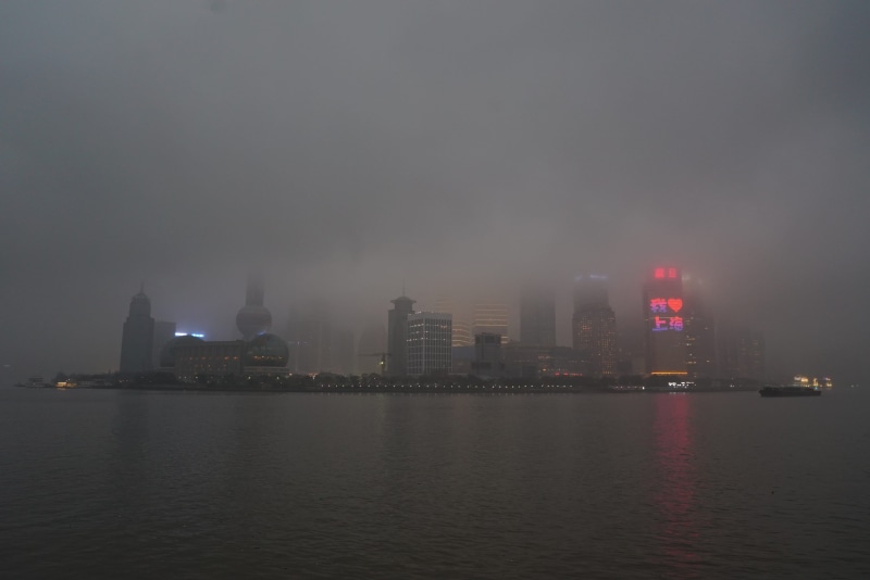 outdoors, Shanghai Skyline, office building exterior, Asia, Puxi, Smog, city, no people, sea, Dystopia, water, waterfront, skyscraper, architecture, nature