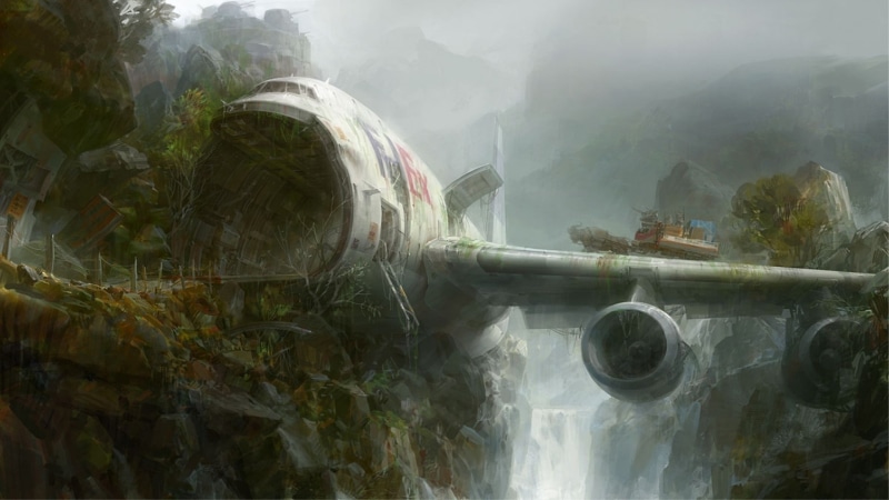 fantasy art, dystopian, aircraft, artwork, 1080P, airplane, wreck, Fedex, crash