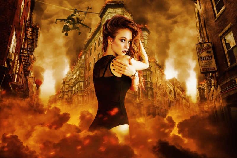 composing, girl, real people, fire, casual clothing, digital composite, action movie poster, fantasy, female, front view, smoke, women, night, lifestyles