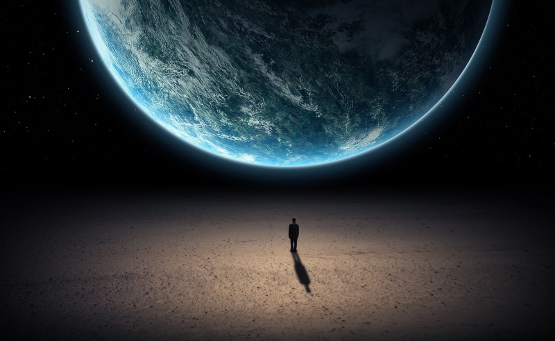 galaxy, standing, Universe, black color, night, water, Space, beauty in nature, one person, sky, front, planet - space, scenics - nature, 2K, dark, earth