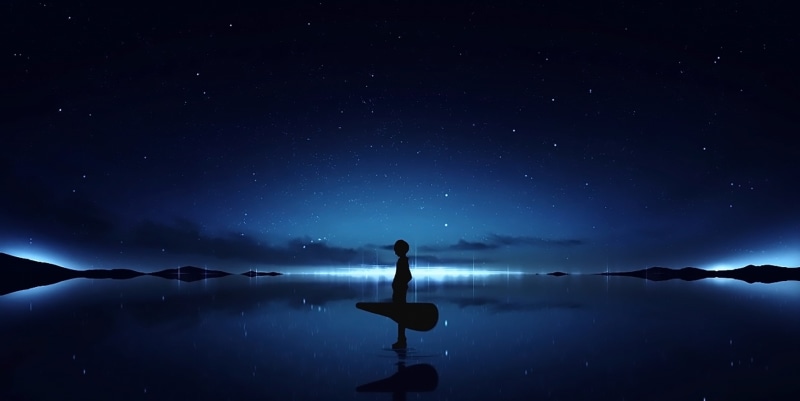 tranquil scene, looking at view, one person, 1080P, tranquility, lake, reflection, beauty in nature, standing, space, star field, star, nature, original