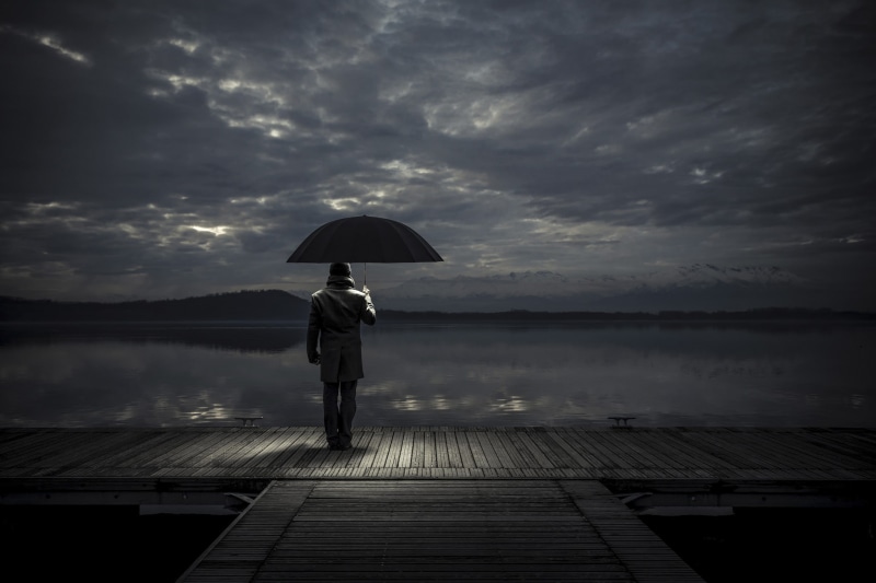 sad, rear view, real people, man, umbrella, cloud - sky, holding, rain, sky, outdoors, one person, wet, full length, love, 1080P, security, lifestyles