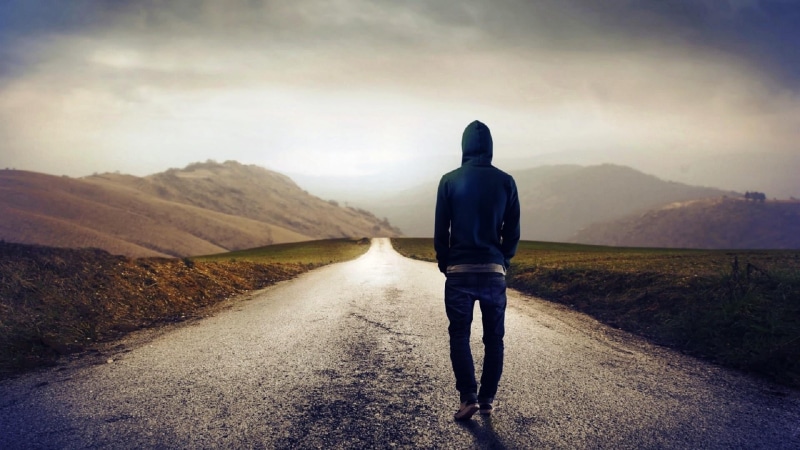 sad, non-urban scene, sky, tranquil scene, alone, rear view, road, boy, nature, real people, hoody, atmosphere, photography, full length, hill, still life photography
