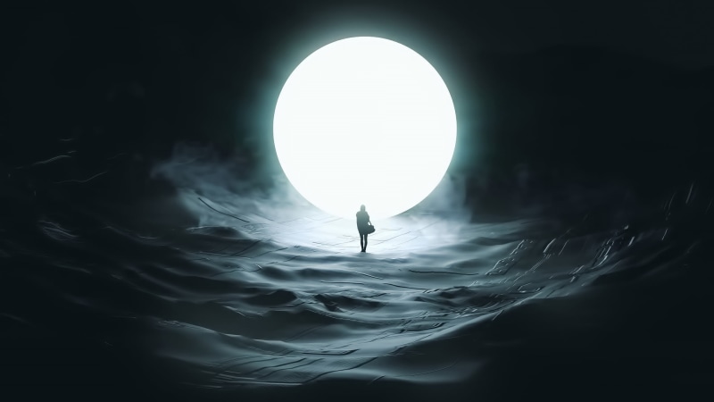 ideas, one person, geometric shape, real people, illustration, minimalism, poster, waterfront, moon, people, Portal, man, space, water, outdoors, backgrounds