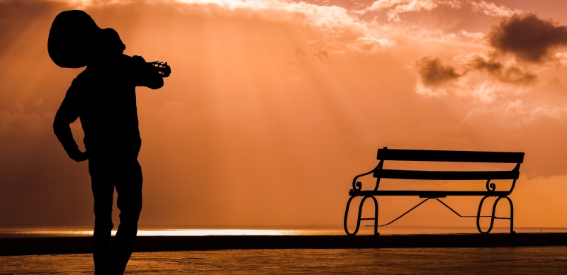 music, rear view, beauty in nature, occupation, sky, seat, man, nature, person, 5K, guitarist, guitar, bench, architecture, sunset, instrument, towards