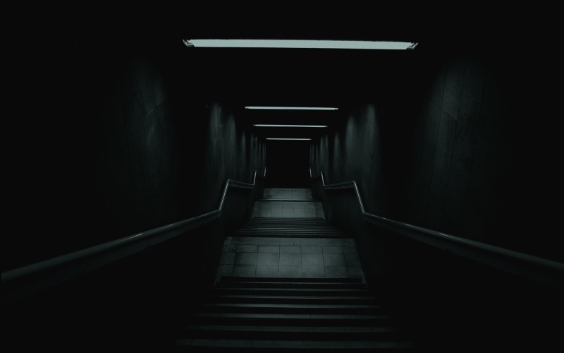darkness, mystery, leaving, horror, corridor, building, empty, lighting equipment, no People, stairs dawn, underground, towards, staircase, illuminated