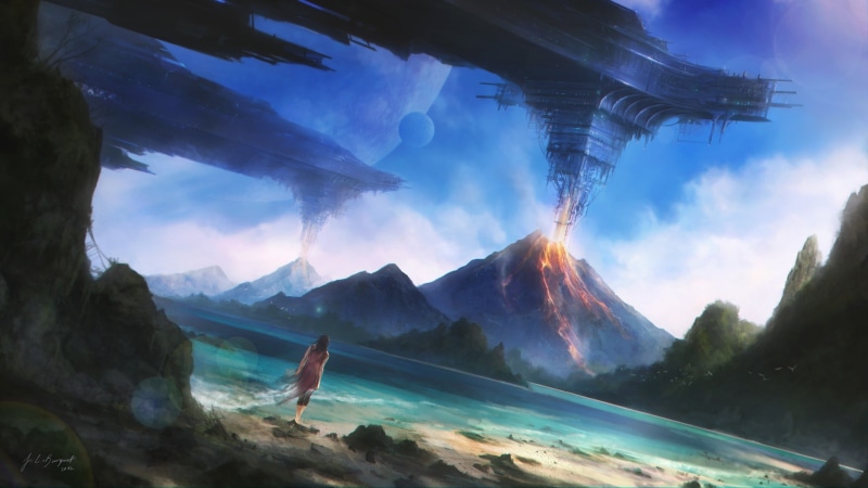 water, cloud - sky, lava, looking at view, woman, space, lifestyles, volcano, standing, science fiction, full length, futuristic, tranquility, spaceship