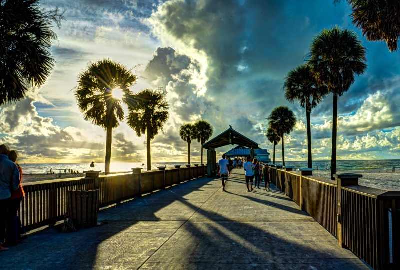 blue, gulf coast, outdoors, cloud - sky, towards, sky, shadow, water, shore, people, pier, 5K, clearwater beach, sand, land, horizon over water, footpath