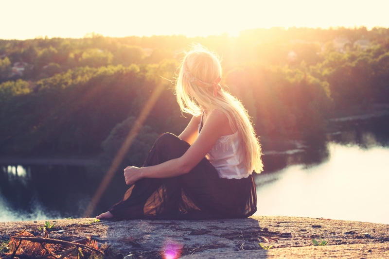 outdoors, green, beautiful, trees, young women, body, gray, girl, watching, sky, sunset, water, women, beauty, blonde, reflection, hair, relaxation, woman