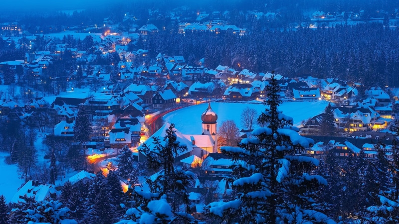 snow, Hinterzarten, night, snow covered, Baden-Württemberg, Black forest, winter, city, Germany, 1080P