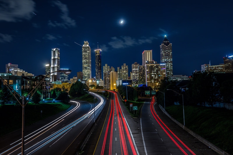 sky, tower, blurred Motion, 5K, financial district, urban Skyline, highway, night, built Structure, street, illuminated, car, travel, no people, cityscape