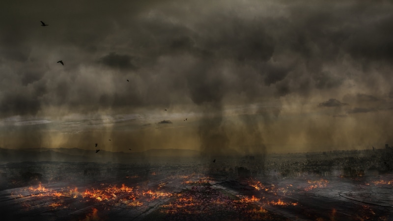haze, burning, death, flame, in the fire, 4K, home, gloomy, the dark background, birds, earth, the city, rendering, in the smoke, fog, circling, could