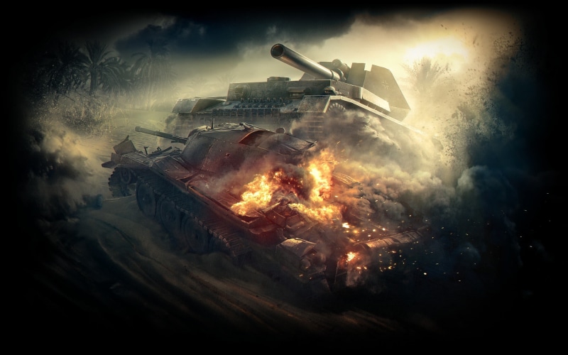 Palm trees, accidents and disasters, warning sign, WoT, night, firefighter, World Of Tanks, Iron, outdoors, cloud - sky, burning, demolished, Tank destroyer