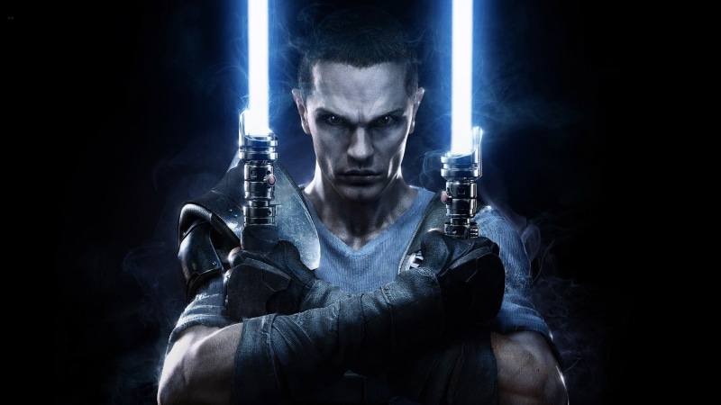 sign, indoors, gun, starkiller, portrait, black background, Star Wars:  The Force Unleashed II, 1080P, front view, studio shot, smoke - physical structure