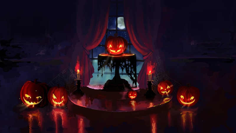 moonlight, table, drawing, digital, 5K, curtain, dark, spooky, mansion, Halloween, sky, Moon, Jack O Lantern, curtains, digital art, painting, holiday