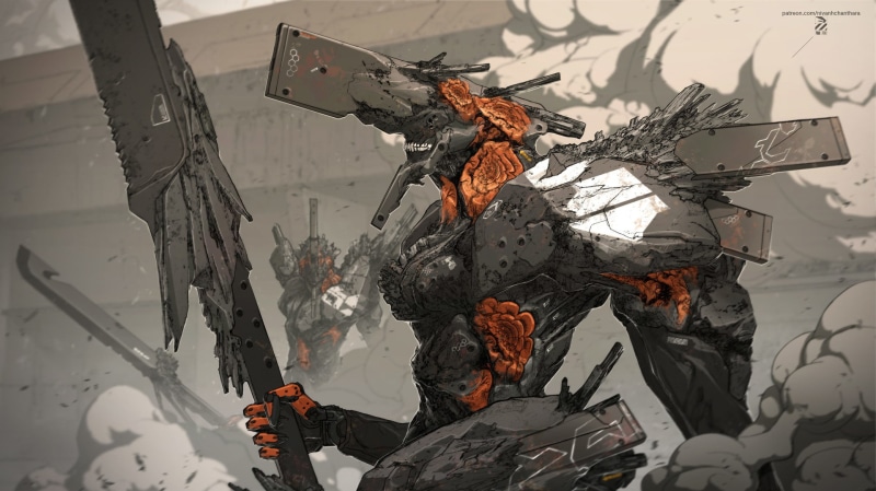 concept art, original characters, Nivanh Chanthara, armor, drawing, depth of field, fantasy art, 2D, artwork, digital art, illustration, futuristic, creature