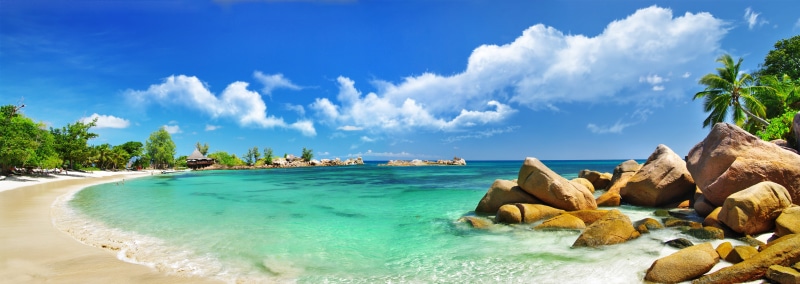 arrival, blue, tropics, panoramic, rock - Object, 5K, seascape, no People, wave, brown, beauty In Nature, water, exoticism, tropical tree, cloud - Sky