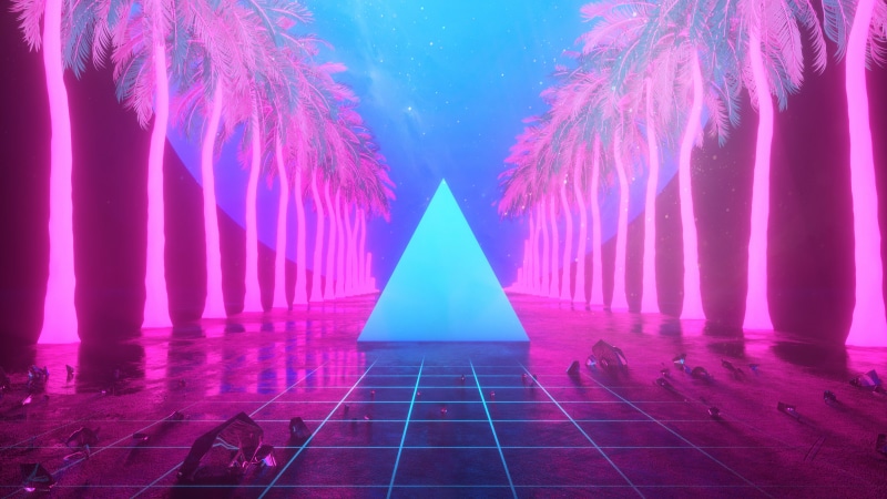 stars, palm trees, 4K, Retro style, abstract, pyramid, reflection, vaporwave, post post-modernism