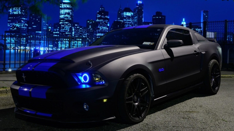 skyscraper, modern, muscle car, transportation, supercar, automotive exterior, night, ford mustang, matte, matte black, city lights, car, vehicle, no people