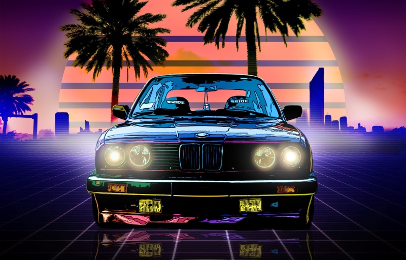 2K, lighting equipment, BMW M3, land vehicle, BMW, car, no people, transportation, architecture, dusk, built structure, mode of transportation, Neon, Retrowave