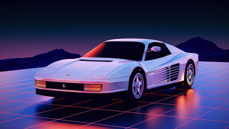 Ferrari Testarossa 512 TR, Testarossa, Retrowave, Auto, Darkwave, Sinti, Neon, Synthwave, Synthpop, Ferrari Testarossa, Machine, 1080P, Synth pop, White