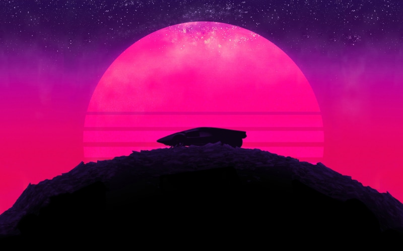 Neon, 4K, Sinti, Mountain, Stars, Triangle, The sun, Palm trees, Darkwave, Electronic, Synthpop, The moon, Background, Retrowave, Machine, Synthwave, Synth pop