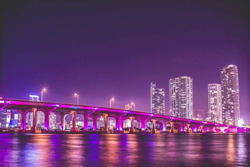 Florida, vice city, bridge, lightened, buildings, near, night, 1080P, Miami, photo