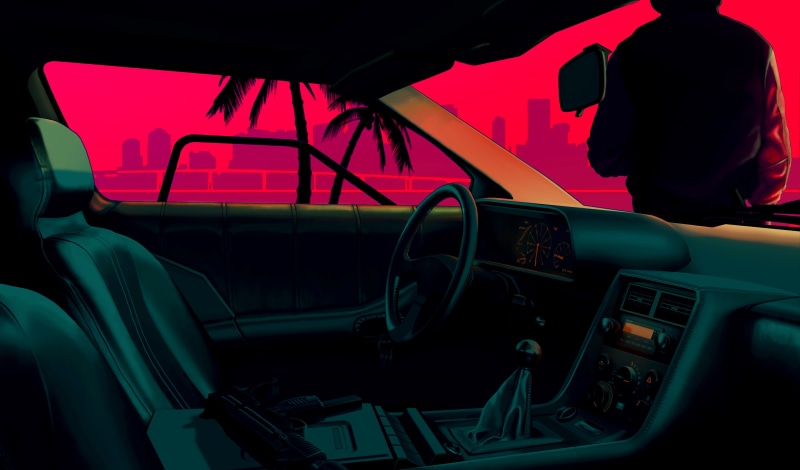 land vehicle, mode of transportation, DMC DeLorean, video games, Hotline Miami, transportation, motor vehicle, indoors, driving, glass - material, rear view