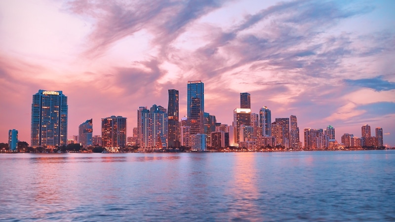 united states, miami, pink sky, cityscape, skyscraper, skyline, 4K, florida
