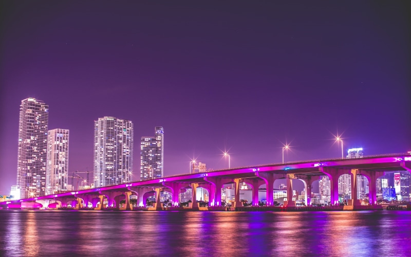 bridge, usa cities, cityscape, photography, 2K, skyscrapers, cities, night, concrete, miami, usa, purple