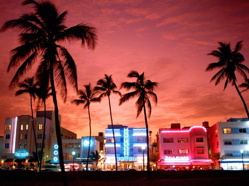 travel destinations, plant, outdoors, urban, illuminated, sunset, 720P, night, street, purple sky, cloud - sky, palm trees, no people, sky, Miami, dusk