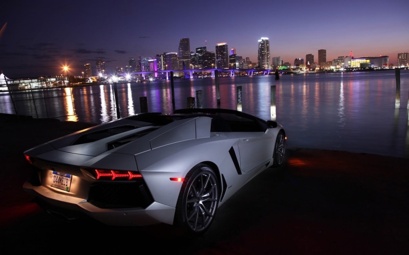Miami, 1080P, coupe, Lamborghini Aventador, luxury, Lamborghini Aventador LP700-4 Roadster, modern, building, outdoors, illuminated, building exterior