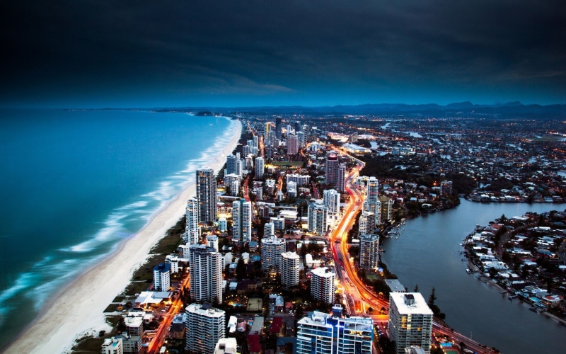 night, building, illuminated, coast, water, 2K, high angle view, skyscraper, cityscape, golden, travel destinations, aerial view, long exposure, outdoors