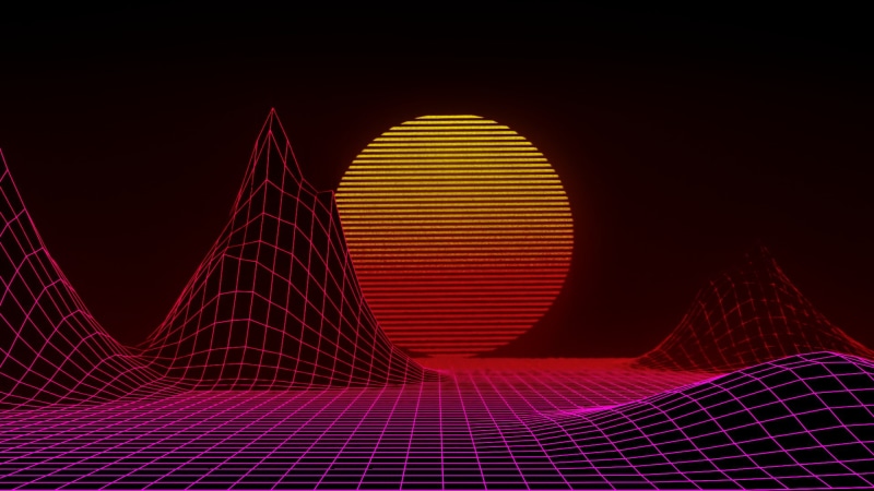 Retrowave, sunset, hills, scanlines, 1080P, polygon art