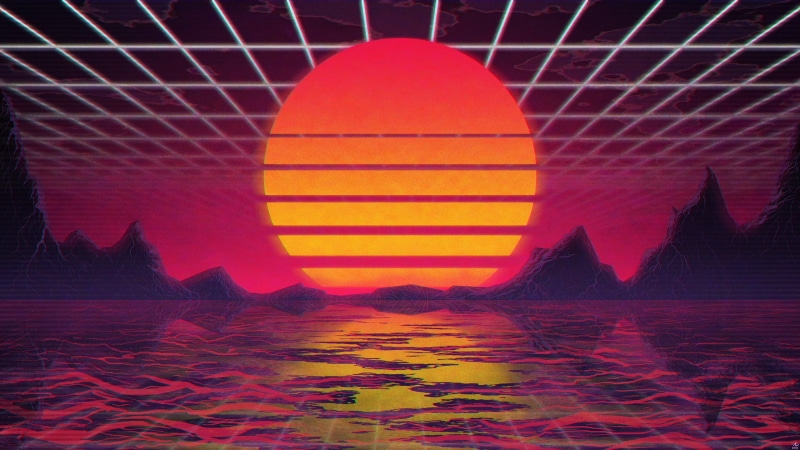 retrowave, hills, no people, reflection, travel destinations, air vehicle, scanlines, polygon art, night, red, Retrowave, transportation, digital composite