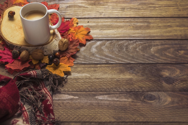 maple, background, tree, scarf, coffee, leaves, 5K, wood, colorful, autumn, Cup