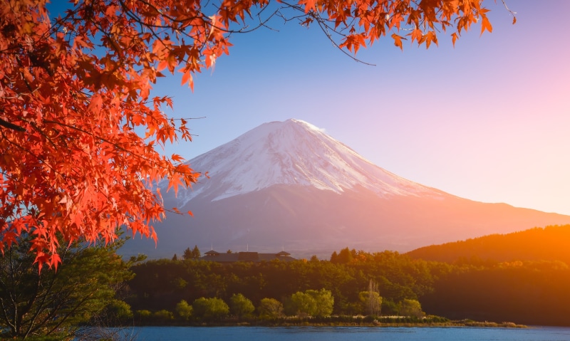 red, maple, leaves, autumn, Fuji Mountain, 2K, Japan, landscape, the sky, colorful, mount Fuji