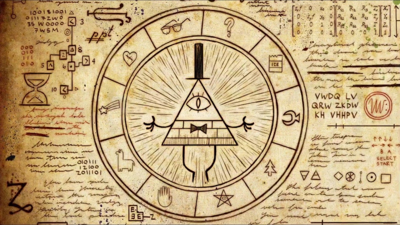 time, astrology, symbols, shape, pentagram, space, dirty, clock face, text, Gravity Falls, illustration, eye, Bill Cipher, backgrounds, poster, history