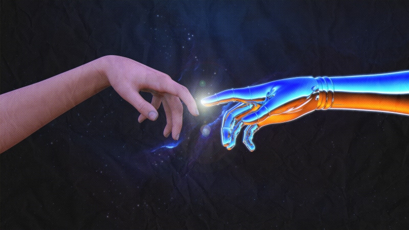 digital art, space, CMYK, hands, synthwave, cyborg, The Creation of Adam, 4K, Retrowave, robot, CGI, Michelangelo