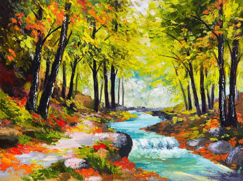 landscape, 5K, river, flowing, park - Man Made Space, outdoors, red, backgrounds, day, painting, seasons, plant part, oil., forest, beauty In Nature, canvas