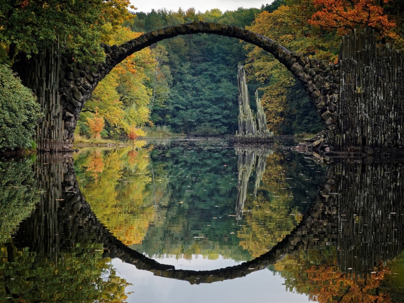 river, day, outdoors, tranquil Scene, tranquility, waterfront, bridge, multi Colored, standing water, famous Place, pond, nature, Rakotzbrücke Devils Bridge