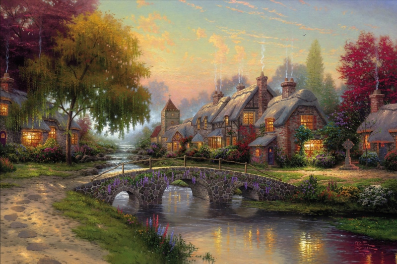 spirituality, bridge - Man Made Structure, church, nature, Thomas Kinkade, belief, river, multi Colored, lake, tree, village, city, cottages, waterfront