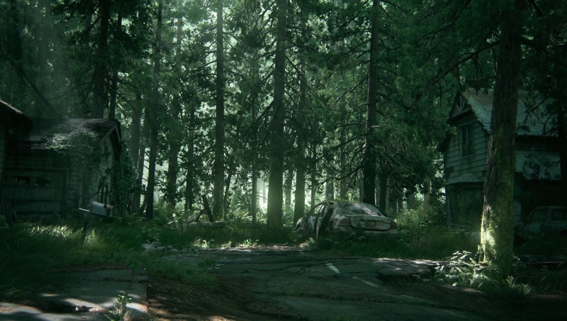 trunk, building exterior, plant, water, green color, tranquil scene, growth, building, apocalyptic, built structure, nature, video games, beauty in nature