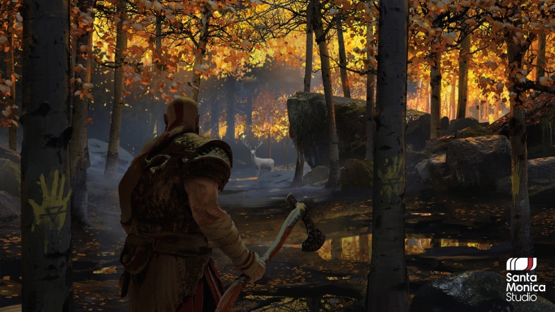 autumn collection, orange color, forest, beauty in nature, trunk, tranquility, God of War, day, video games, god of war 4, plant part, God of War (2018)