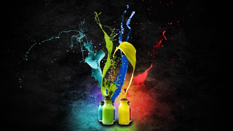 black background, texture, simple background, colorful, liquid, paint splatter, artwork, 1080P, splashes, digital art, bottles