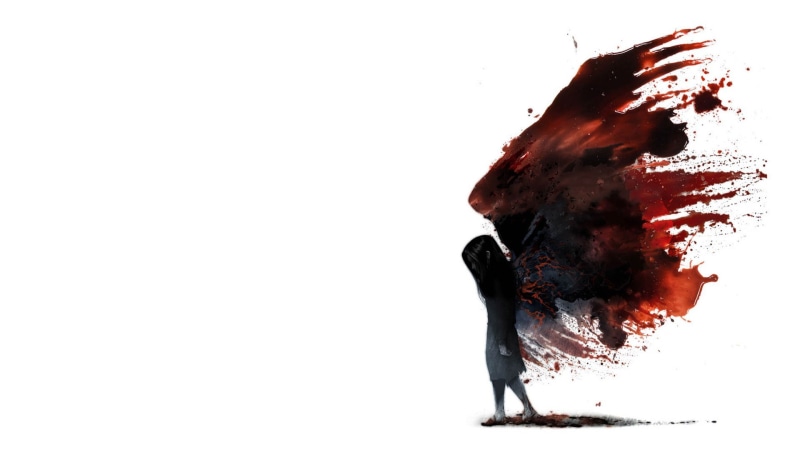 demon, artwork, sad, fantasy art, little girl, 1080P, painting, white background, paint splatter, F.E.A.R. 2: Project Origin, minimalism, dark hair, dark